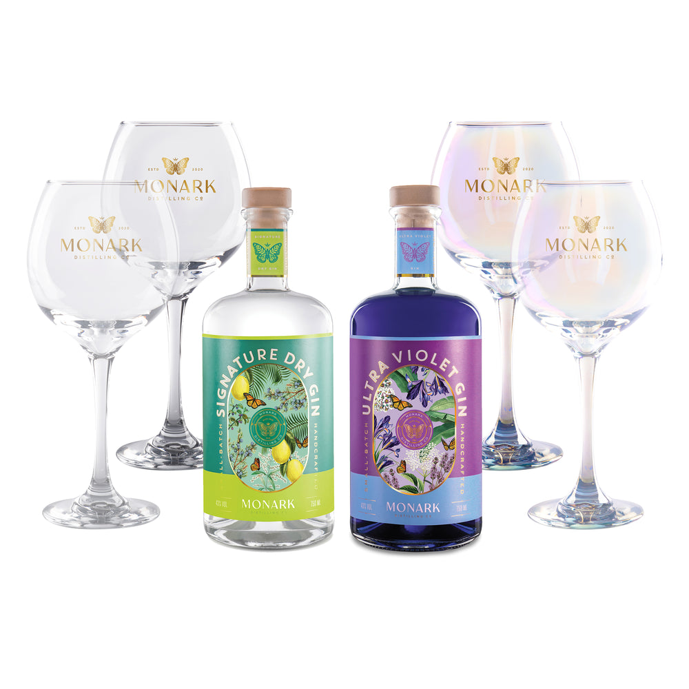 Gins & Glasses Set (2 x 750ml Gins + 4 x Glasses)