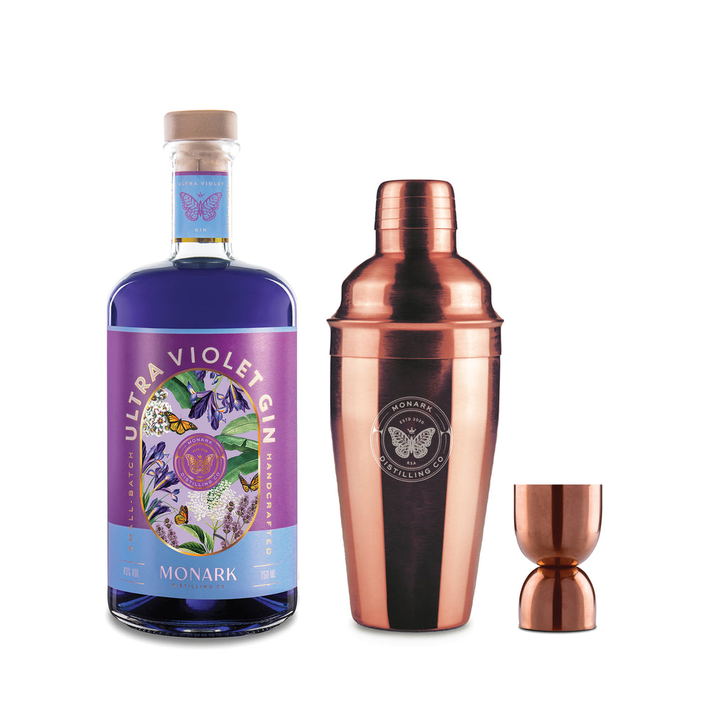 Ultra Violet Gin 750ml & Rose Gold Barware